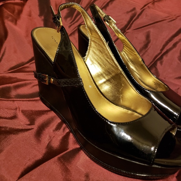 Black Tommy Hilfiger Patent Leather Wedges - Picture 3 of 6